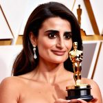 **Penélope Cruz holding an Academy Award, posing on a red carpet. Focus on elegance and Spanish fashion.**