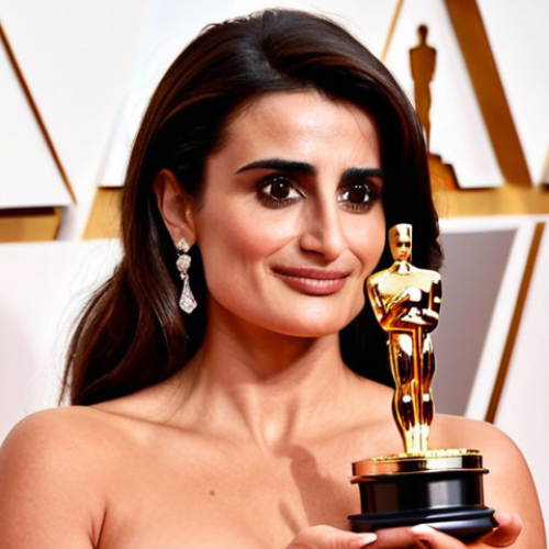 **Penélope Cruz holding an Academy Award, posing on a red carpet. Focus on elegance and Spanish fashion.**