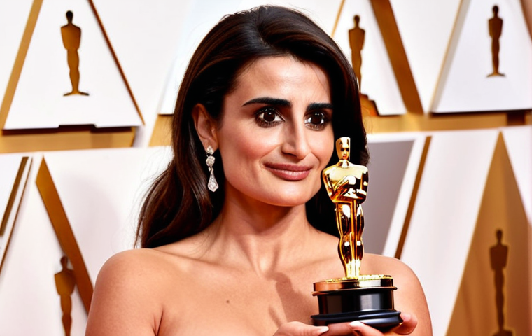 **Penélope Cruz holding an Academy Award, posing on a red carpet. Focus on elegance and Spanish fashion.**