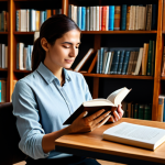 A professional woman in a modest, smart casual outfit, sitting comfortably in a natural pose, fully clothed, engrossed in reading a book in Spanish. She is in a sunlit, modern study with a bookshelf filled with books and a warm cup of coffee on a nearby table. The atmosphere is serene and inviting, appropriate attire, safe for work, appropriate content, professional, perfect anatomy, correct proportions, natural pose, well-formed hands, proper finger count, natural body proportions, professional photography, high quality, realistic, soft lighting.