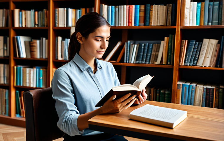 A professional woman in a modest, smart casual outfit, sitting comfortably in a natural pose, fully clothed, engrossed in reading a book in Spanish. She is in a sunlit, modern study with a bookshelf filled with books and a warm cup of coffee on a nearby table. The atmosphere is serene and inviting, appropriate attire, safe for work, appropriate content, professional, perfect anatomy, correct proportions, natural pose, well-formed hands, proper finger count, natural body proportions, professional photography, high quality, realistic, soft lighting.